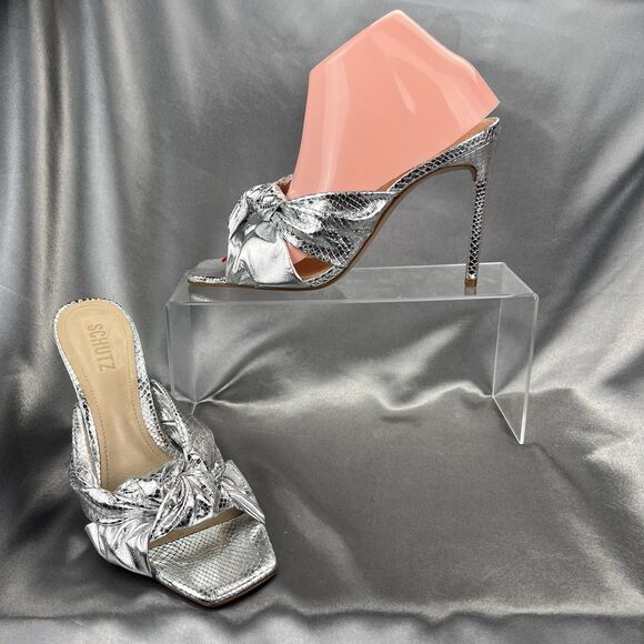 Schutz Women’s Sz 9 Mindy Sandals Twist Knot Slide On Heels Metallic Silver Prom - Picture 1 of 13